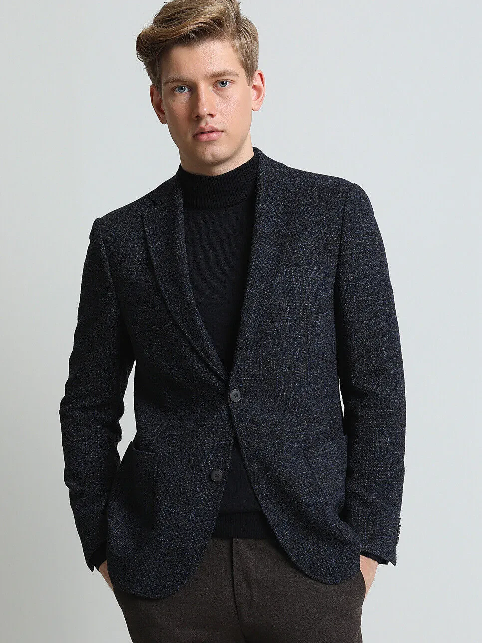 Lacivert Desenli Modern Fit Yün Karışımlı Ceket - 2