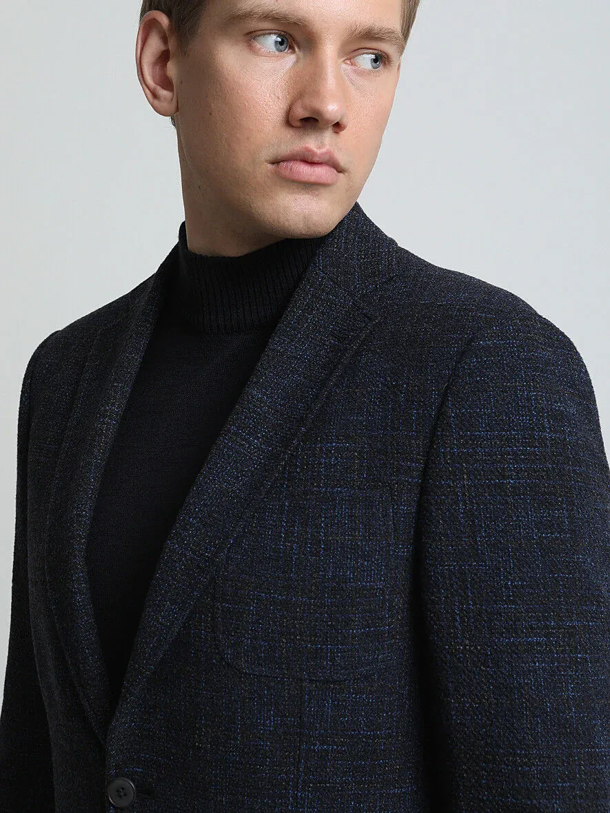 Lacivert Desenli Modern Fit Yün Karışımlı Ceket - 3