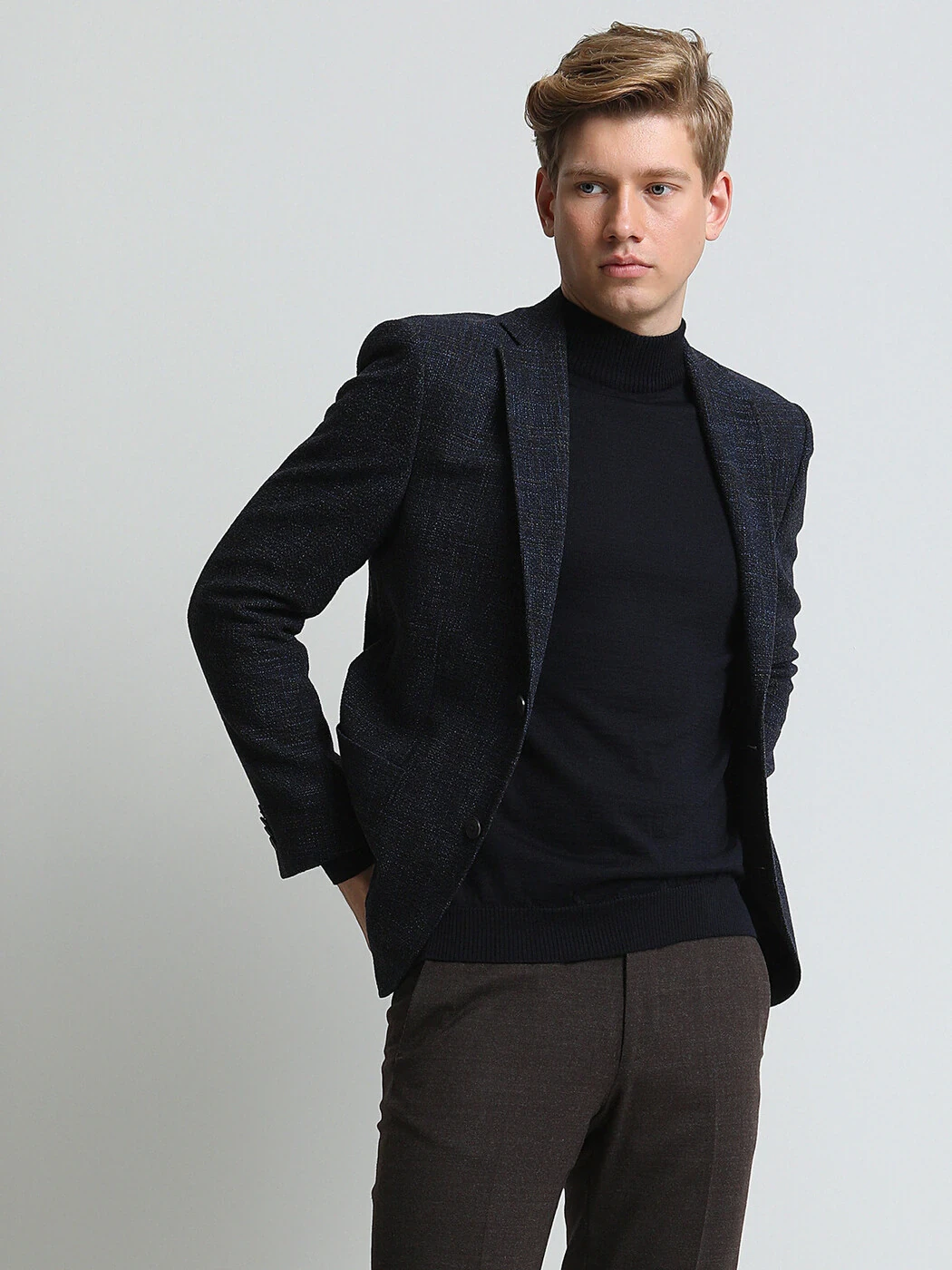 Lacivert Desenli Modern Fit Yün Karışımlı Ceket - 4
