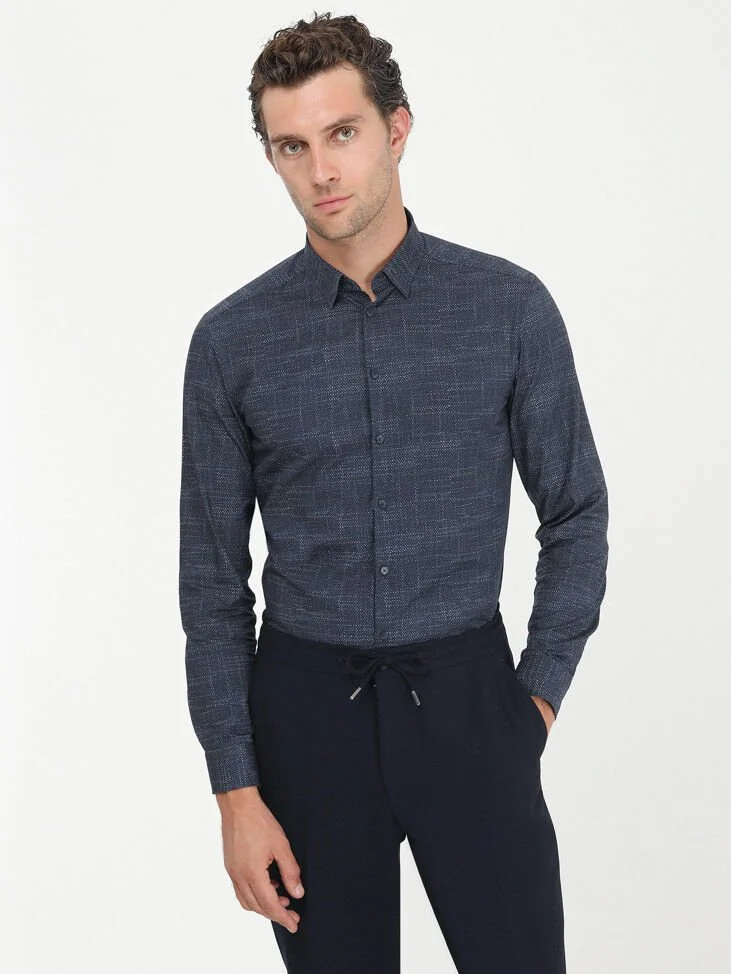Lacivert Desenli Regular Fit Dokuma Casual %100 Pamuk Gömlek - 1
