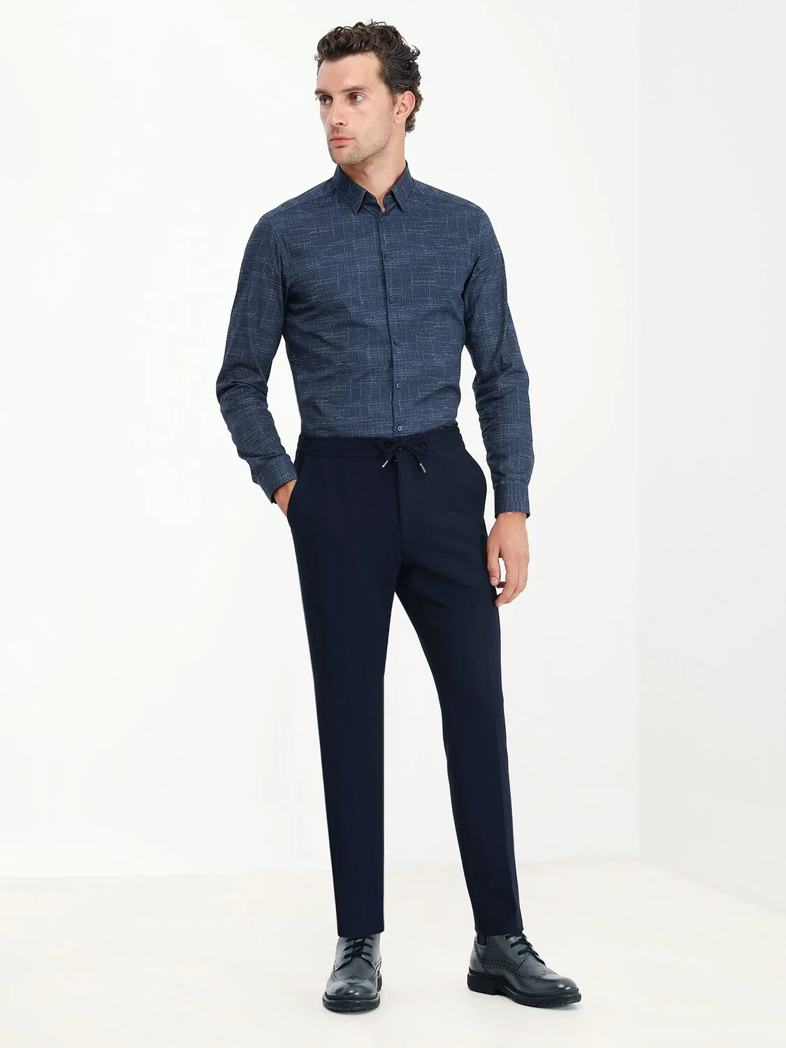 Lacivert Desenli Regular Fit Dokuma Casual %100 Pamuk Gömlek - 2