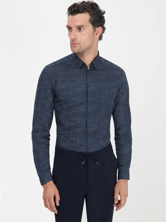 Lacivert Desenli Regular Fit Dokuma Casual %100 Pamuk Gömlek - 5