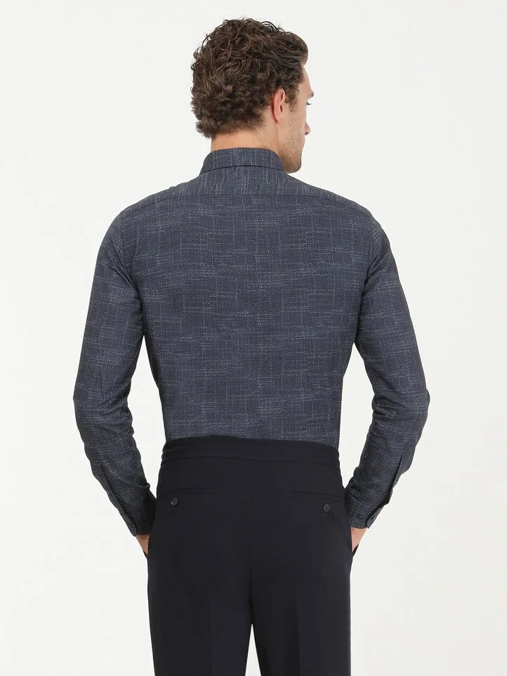 Lacivert Desenli Regular Fit Dokuma Casual %100 Pamuk Gömlek - 6