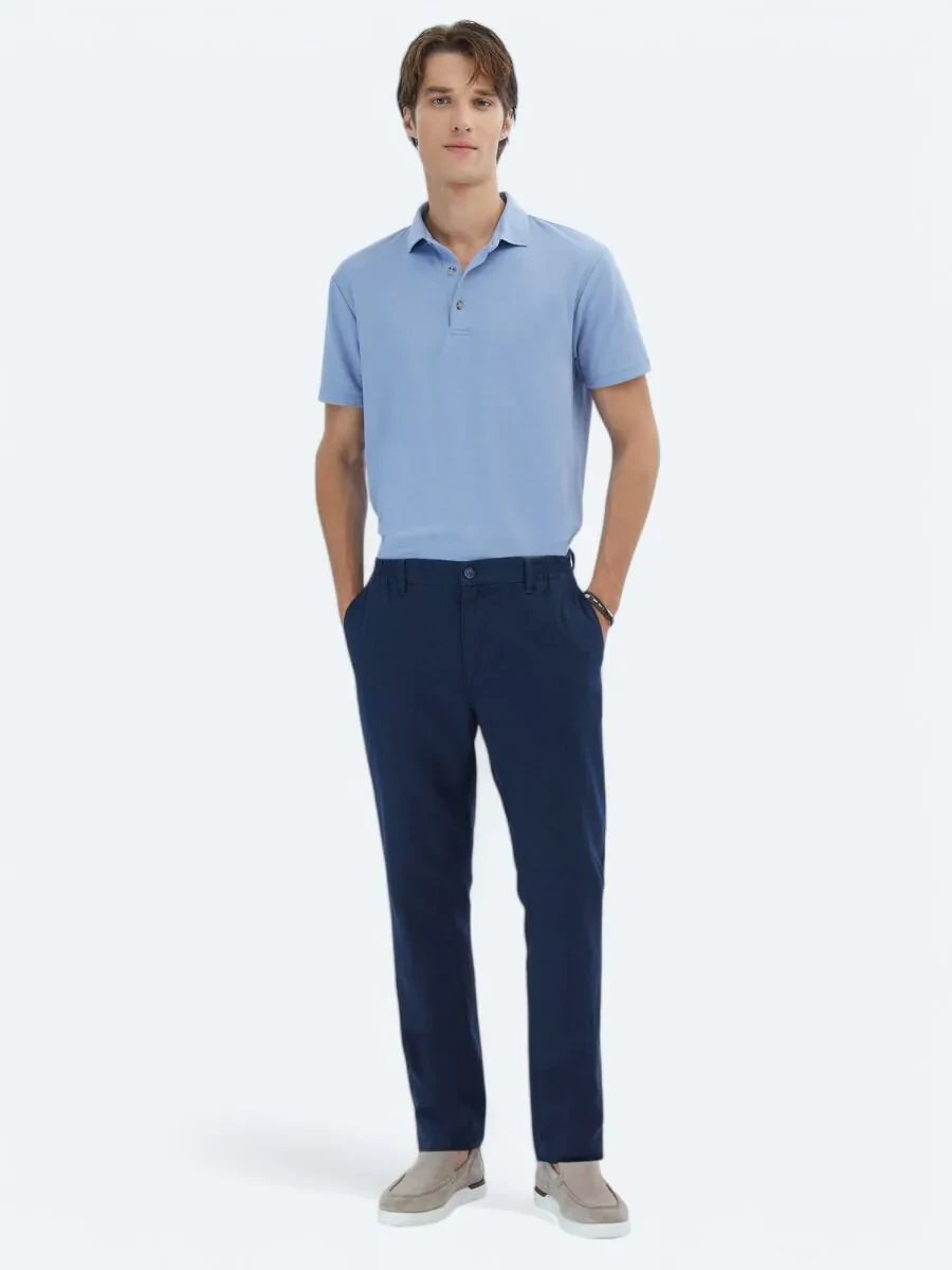 Lacivert Dokuma Casual Pamuk Karışımlı Pantolon - 1