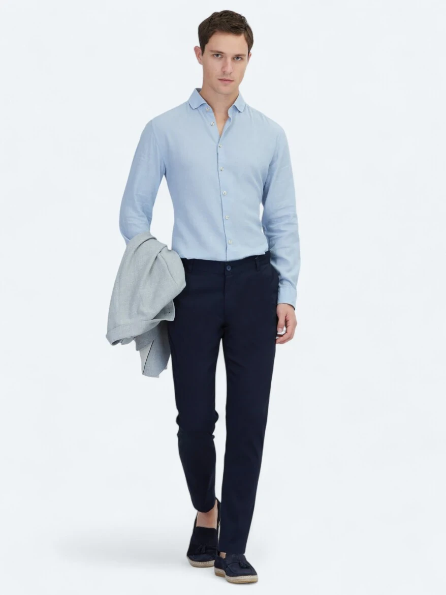 Lacivert Dokuma Casual Pamuk Karışımlı Pantolon - 2