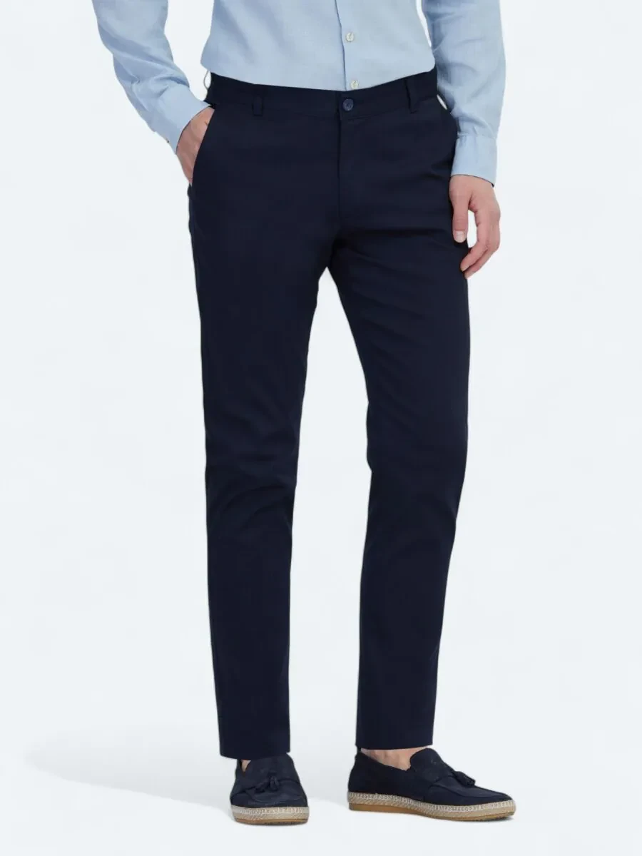 Lacivert Dokuma Casual Pamuk Karışımlı Pantolon - 3