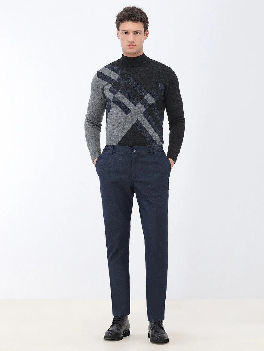Lacivert Dokuma Jogging Fit Casual Pamuk Karışımlı Pantolon - 2