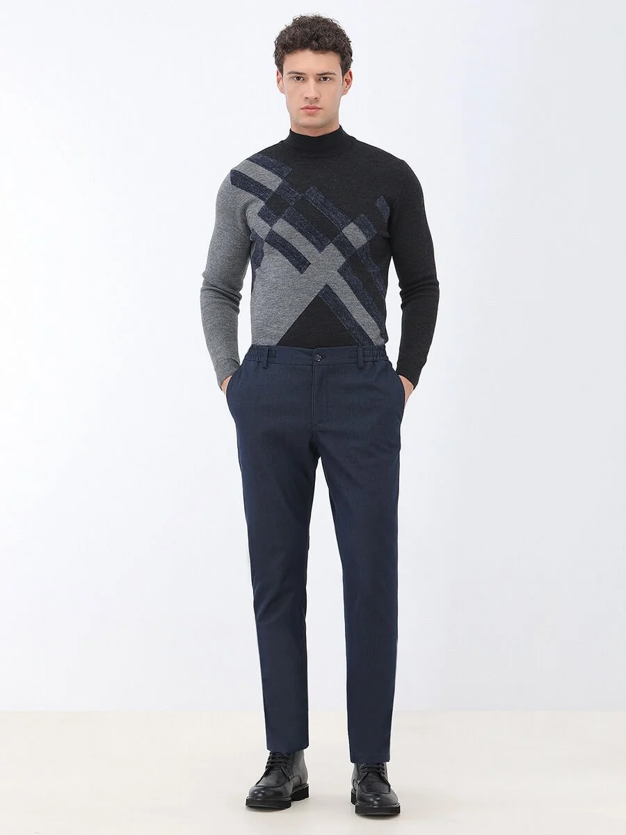 Lacivert Dokuma Jogging Fit Casual Pamuk Karışımlı Pantolon - 2