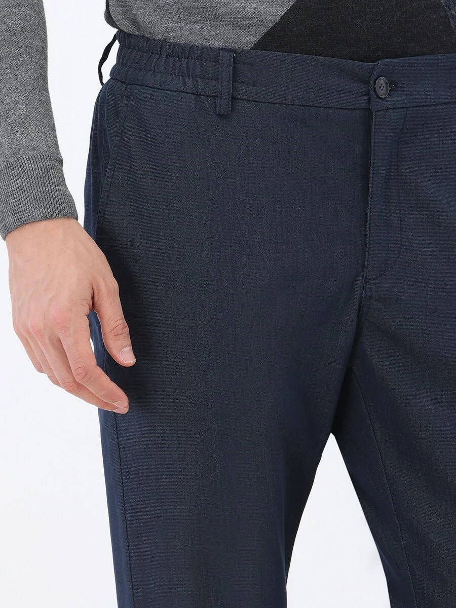 Lacivert Dokuma Jogging Fit Casual Pamuk Karışımlı Pantolon - 4