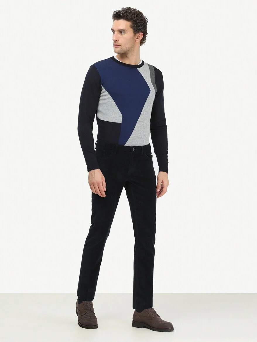 Lacivert Dokuma Regular Fit Kadife Casual Pamuk Karışımlı Pantolon - 2