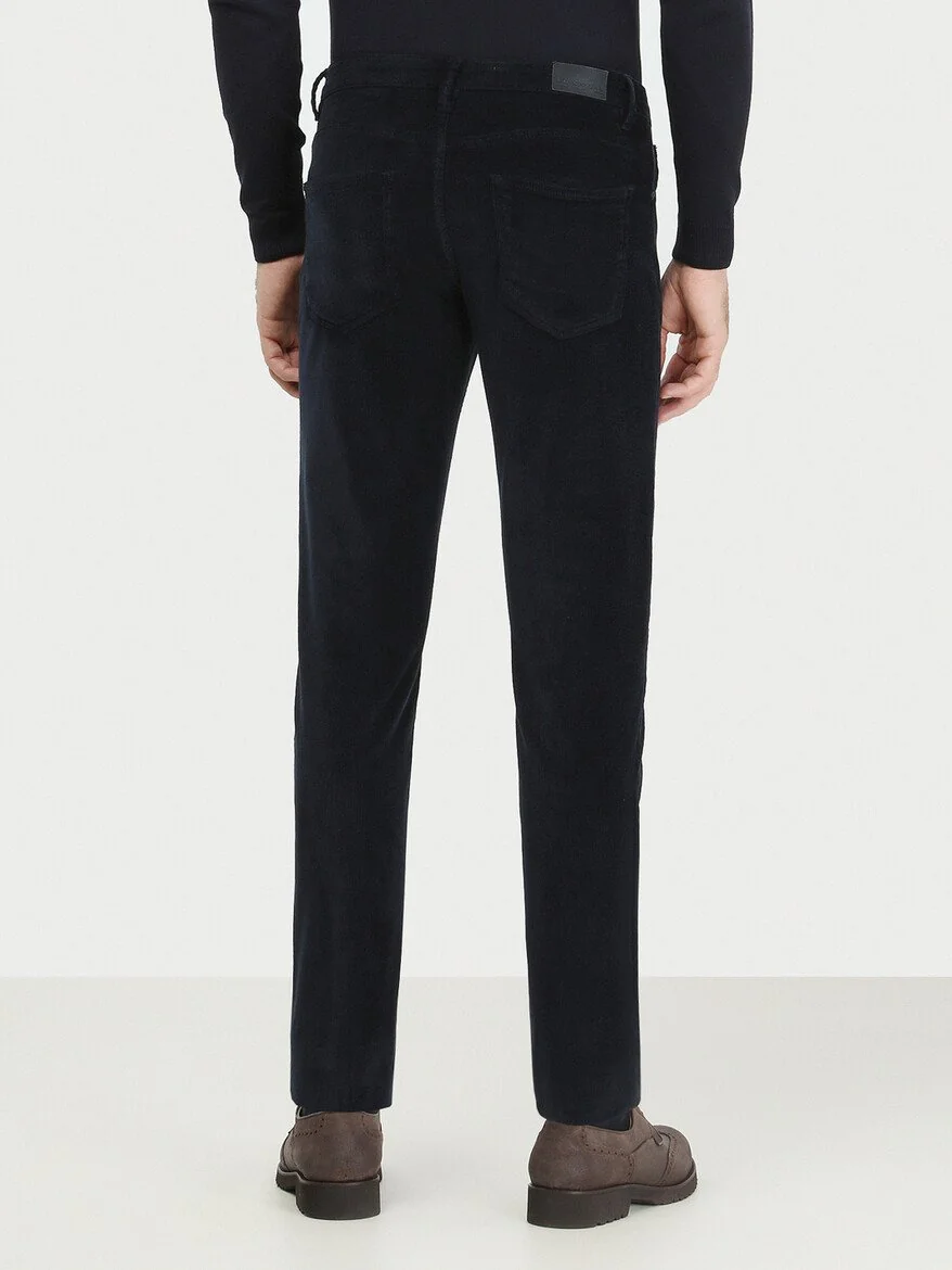 Lacivert Dokuma Regular Fit Kadife Casual Pamuk Karışımlı Pantolon - 4