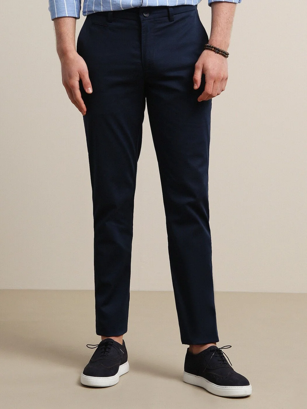 Lacivert Dokuma Regular Fit Smart Casual Pamuk Karışımlı Pantolon - 1