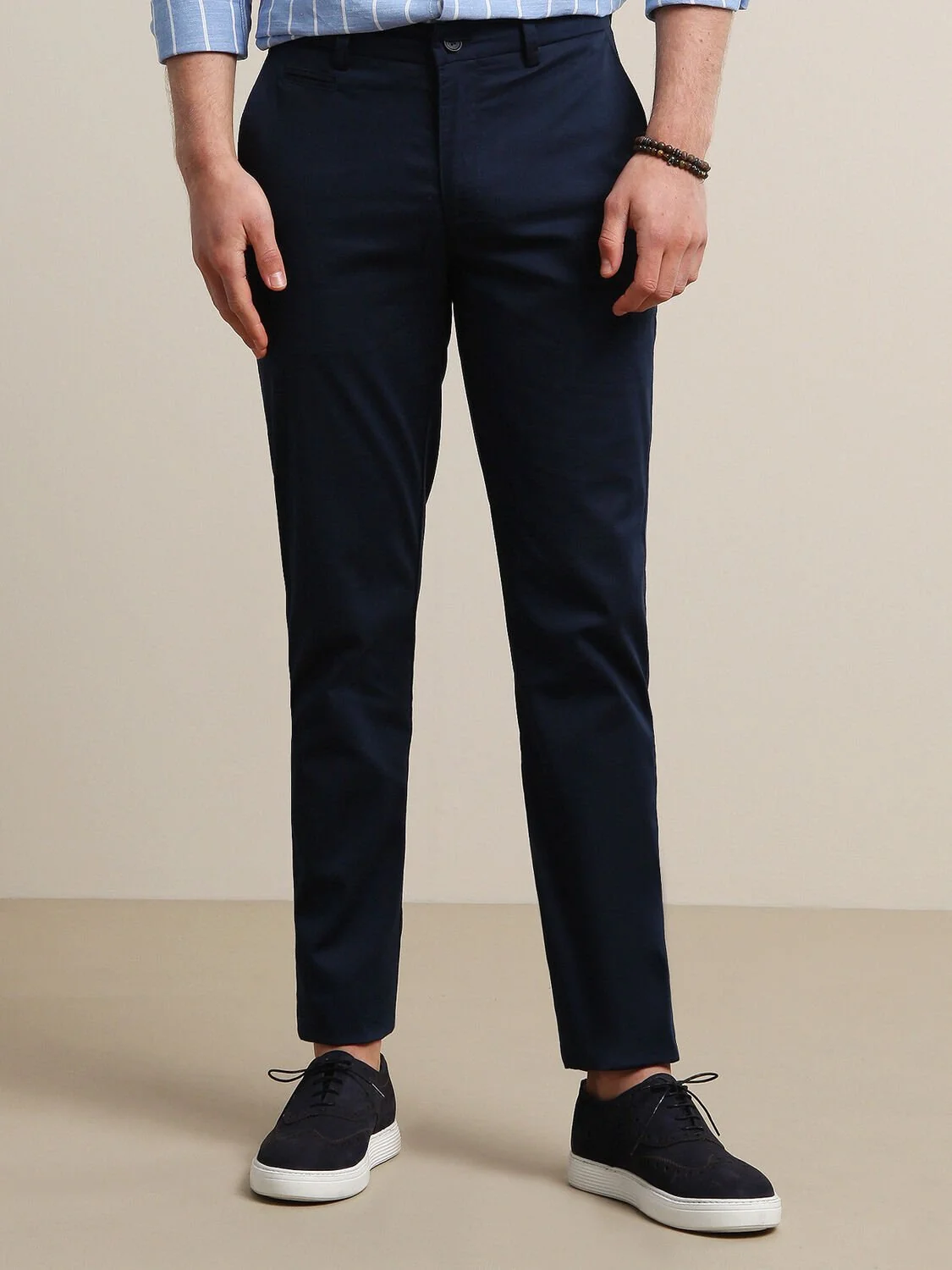 Lacivert Dokuma Regular Fit Smart Casual Pamuk Karışımlı Pantolon - 1