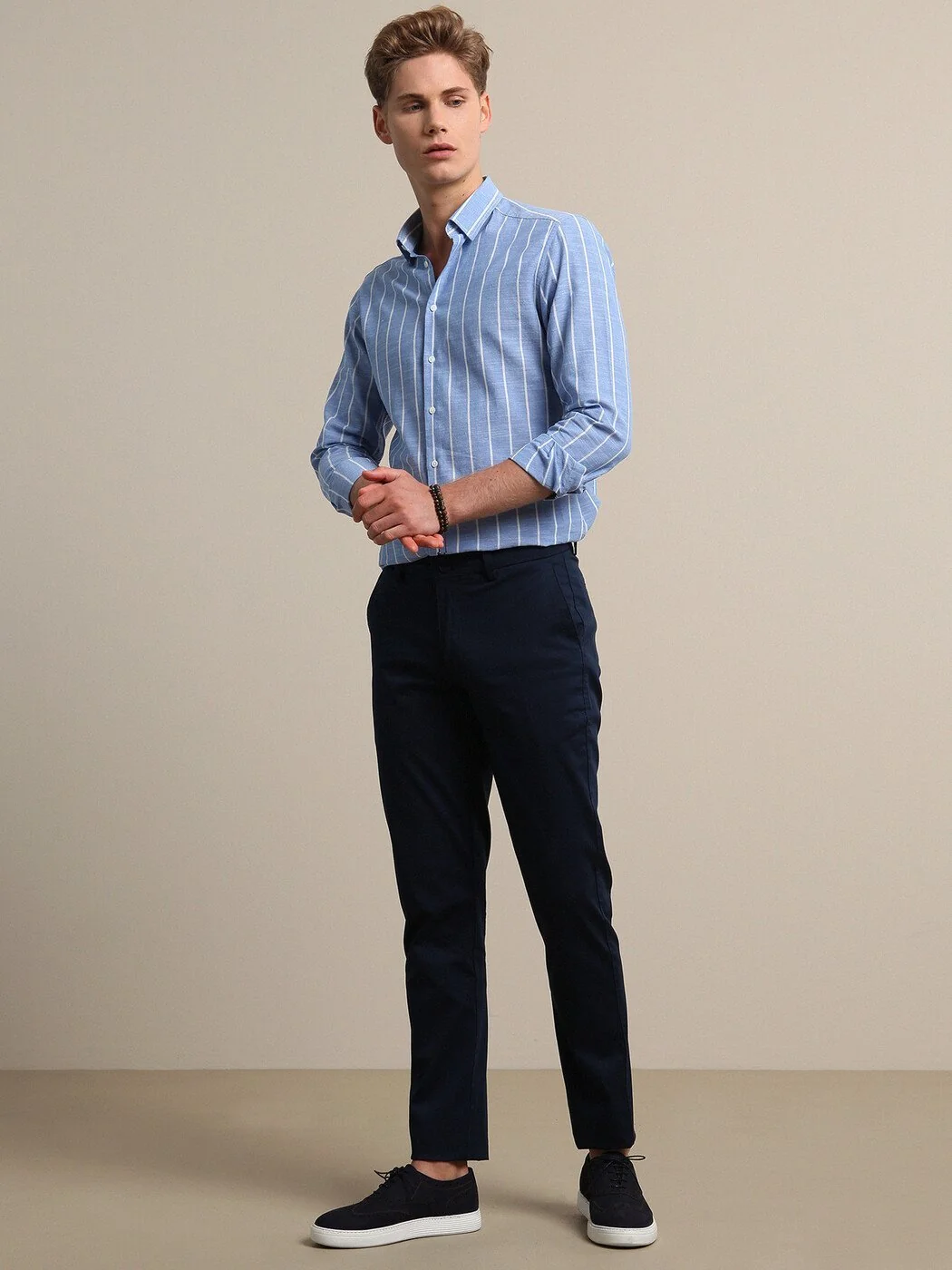 Lacivert Dokuma Regular Fit Smart Casual Pamuk Karışımlı Pantolon - 2