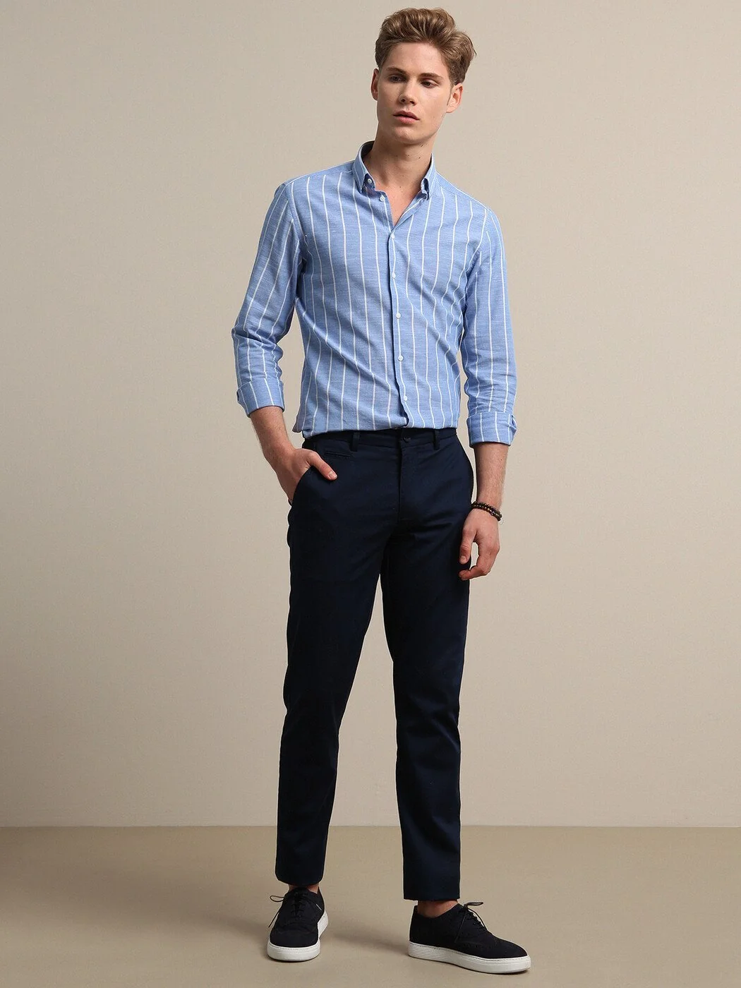Lacivert Dokuma Regular Fit Smart Casual Pamuk Karışımlı Pantolon - 4