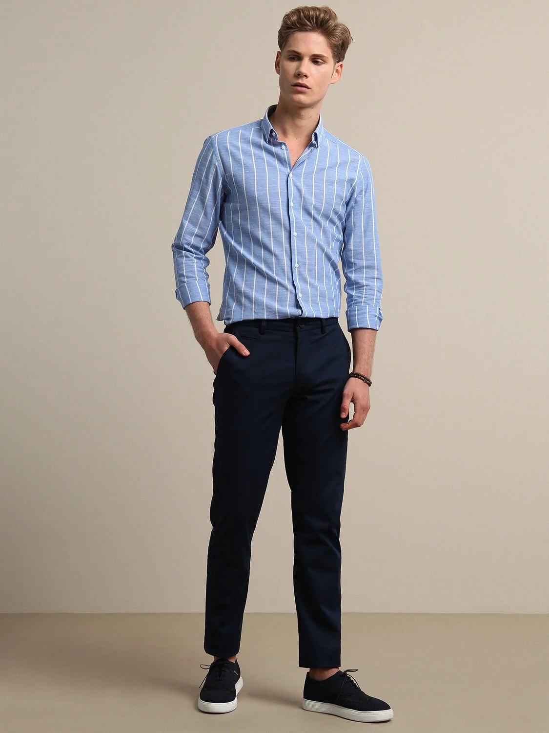 Lacivert Dokuma Regular Fit Smart Casual Pamuk Karışımlı Pantolon - 4