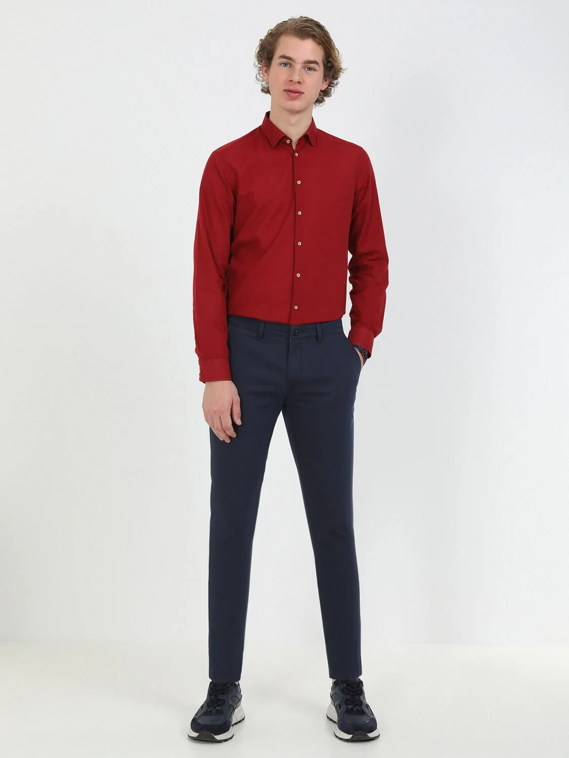 Lacivert Dokuma Slim Fit Casual Pamuk Karışımlı Pantolon - 1