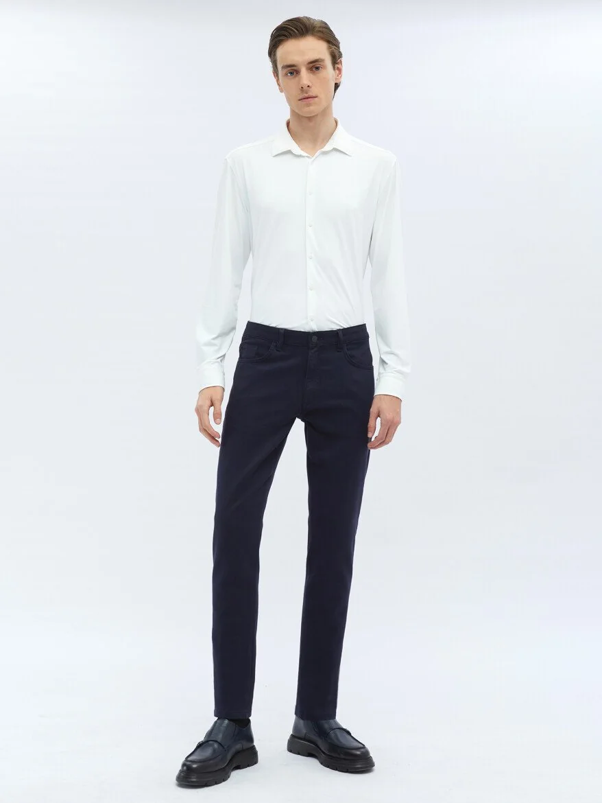Lacivert Dokuma Slim Fit Casual Pamuk Karışımlı Pantolon 