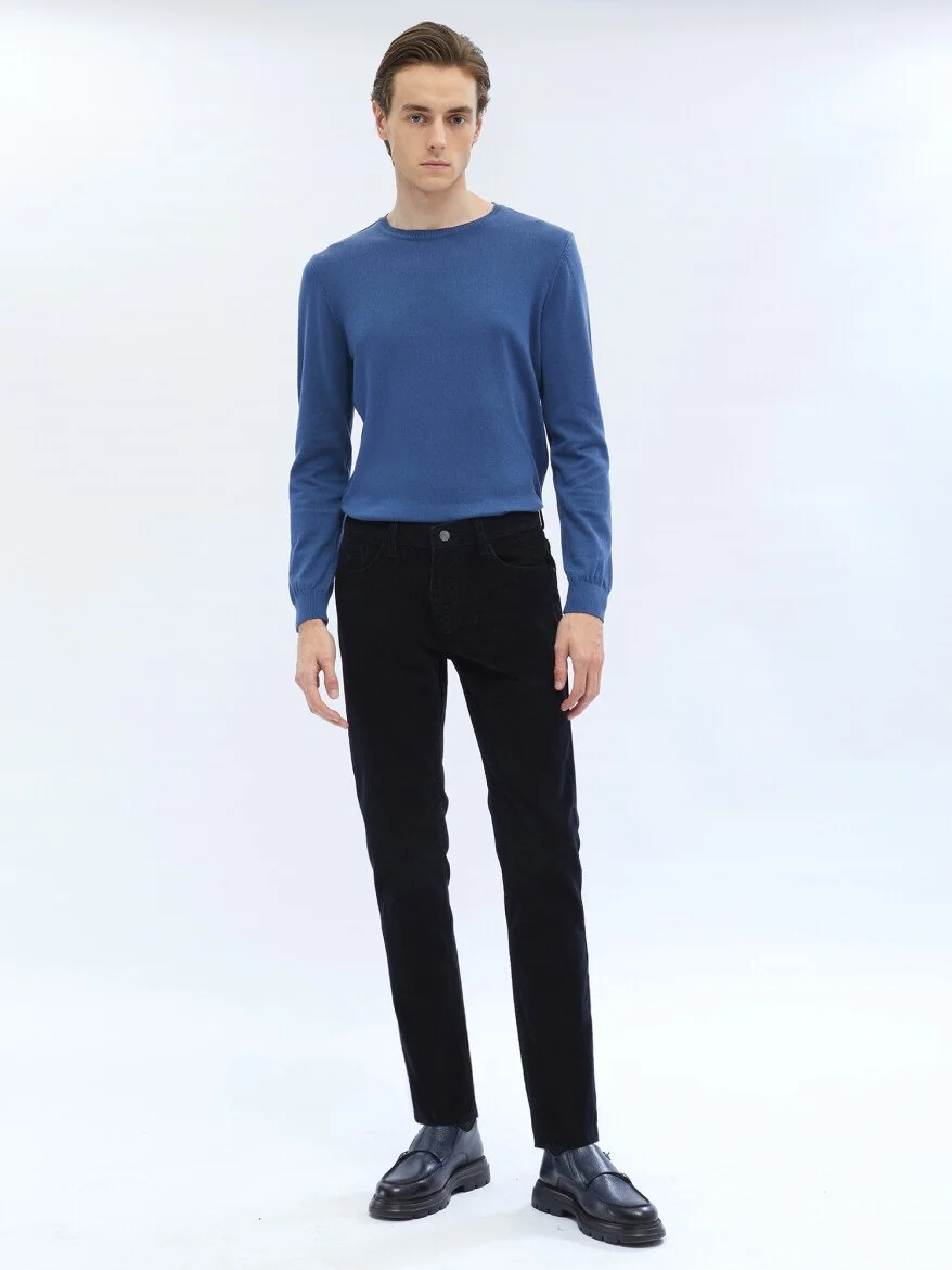 Lacivert Dokuma Slim Fit Kadife Casual Pamuk Karışımlı Pantolon 