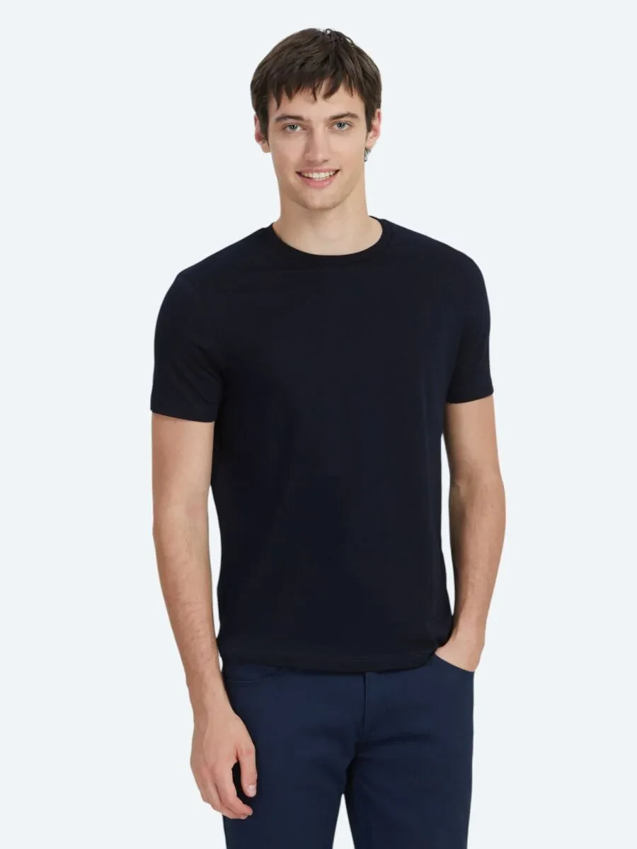 Lacivert Düz Bisiklet Yaka %100 Pamuk T-Shirt - 1