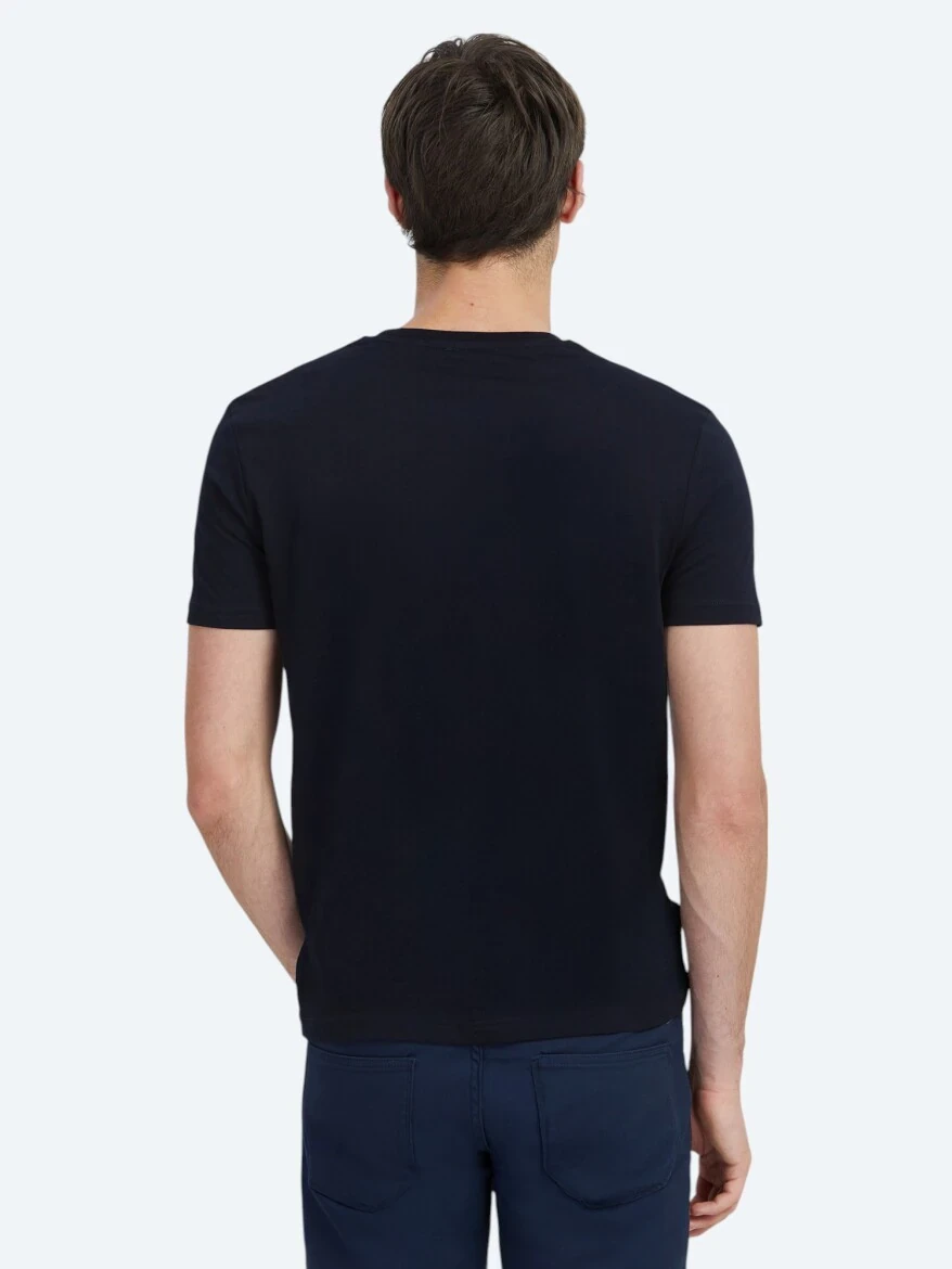 Lacivert Düz Bisiklet Yaka %100 Pamuk T-Shirt - 4