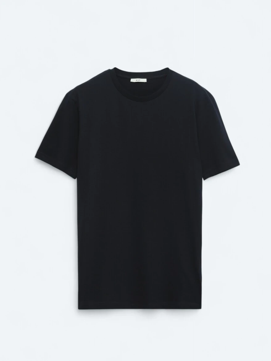 Lacivert Düz Bisiklet Yaka %100 Pamuk T-Shirt - 5