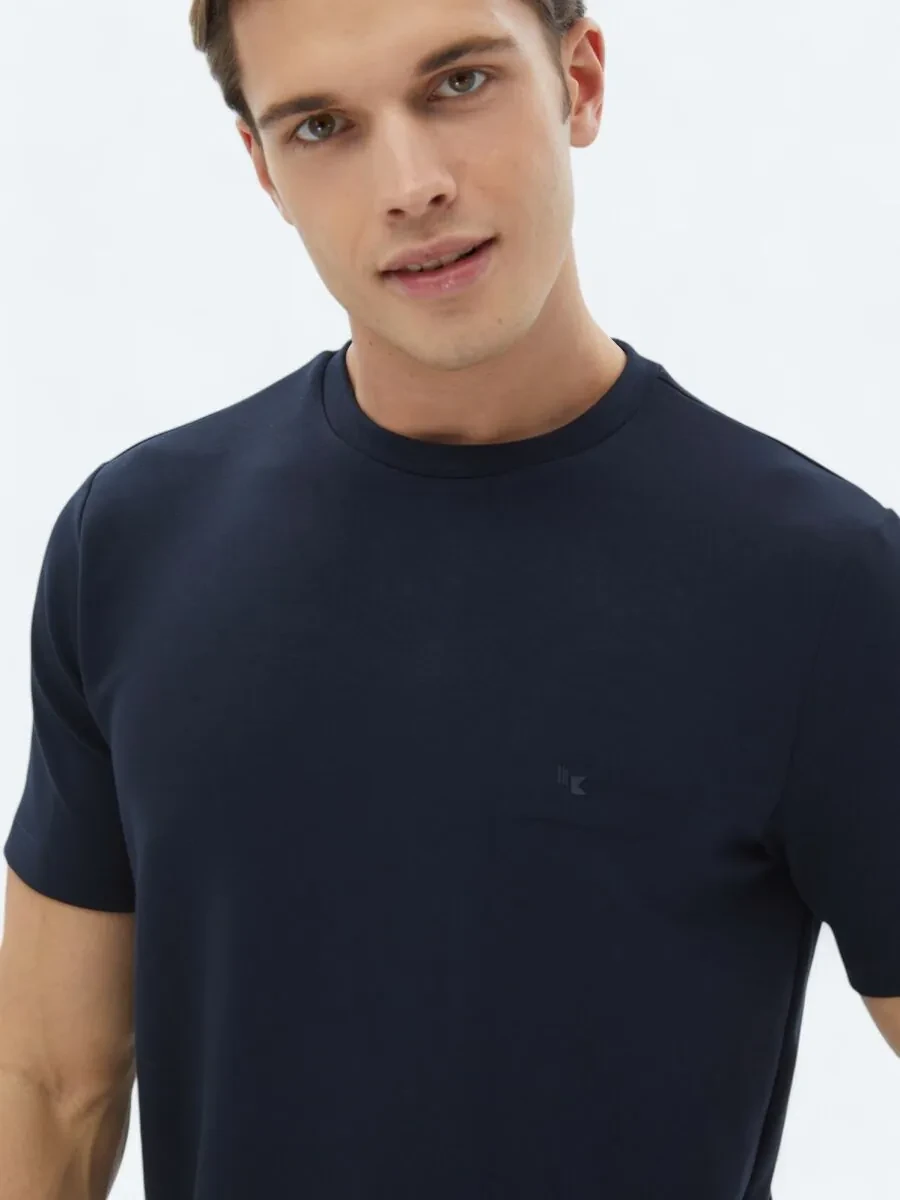 Lacivert Düz Bisiklet Yaka T-Shirt - 1