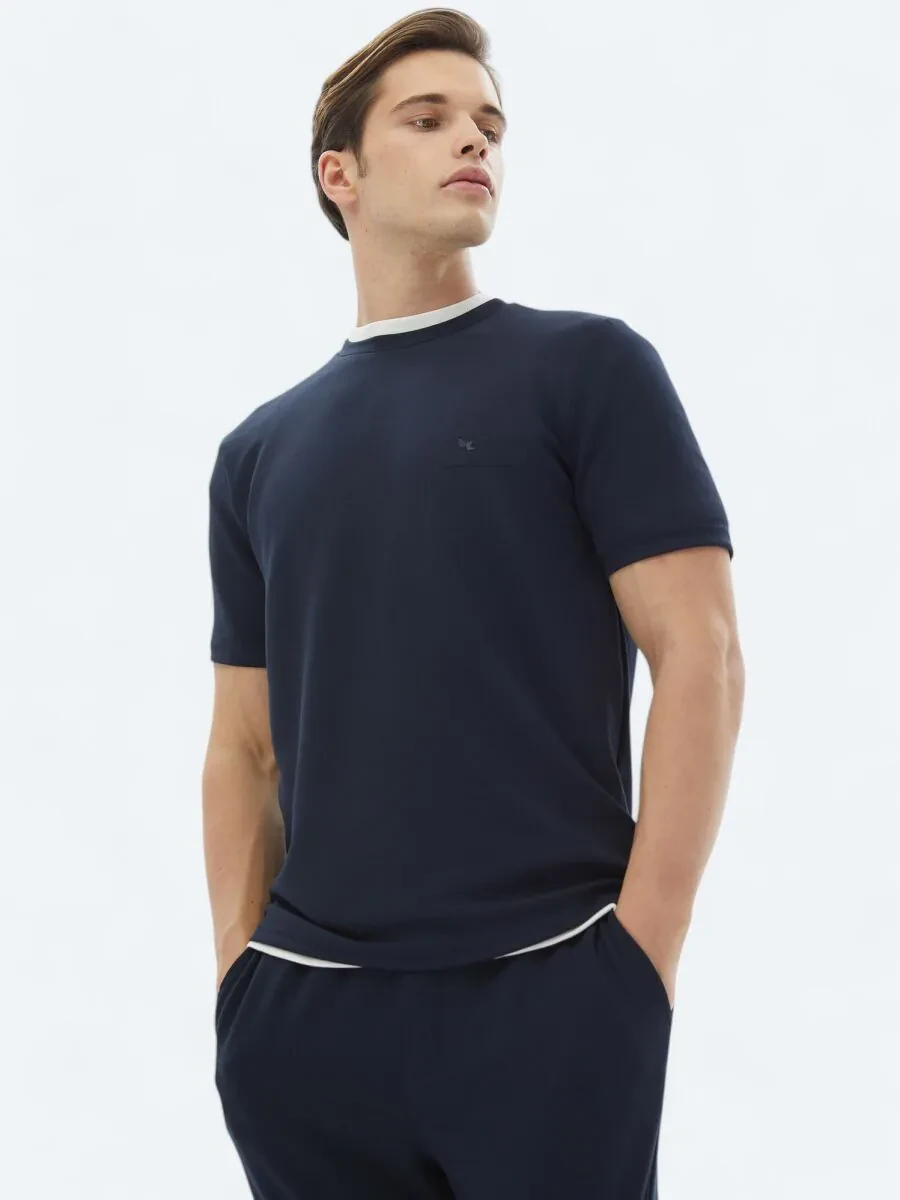 Lacivert Düz Bisiklet Yaka T-Shirt - 2