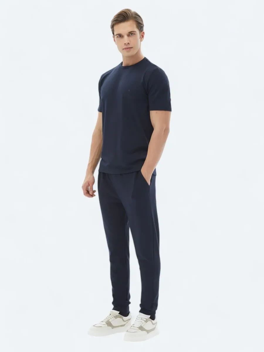Lacivert Düz Bisiklet Yaka T-Shirt - 3