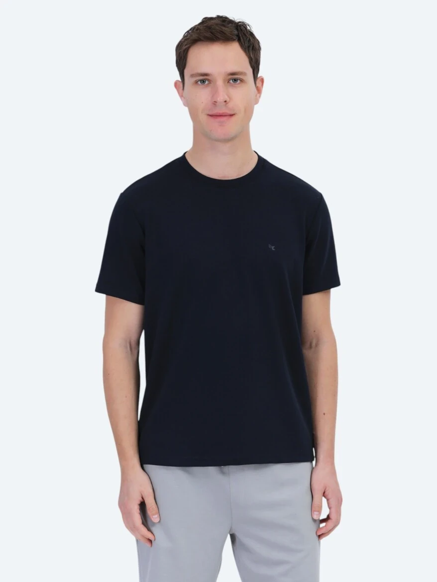 Lacivert Düz Bisiklet Yaka T-Shirt 