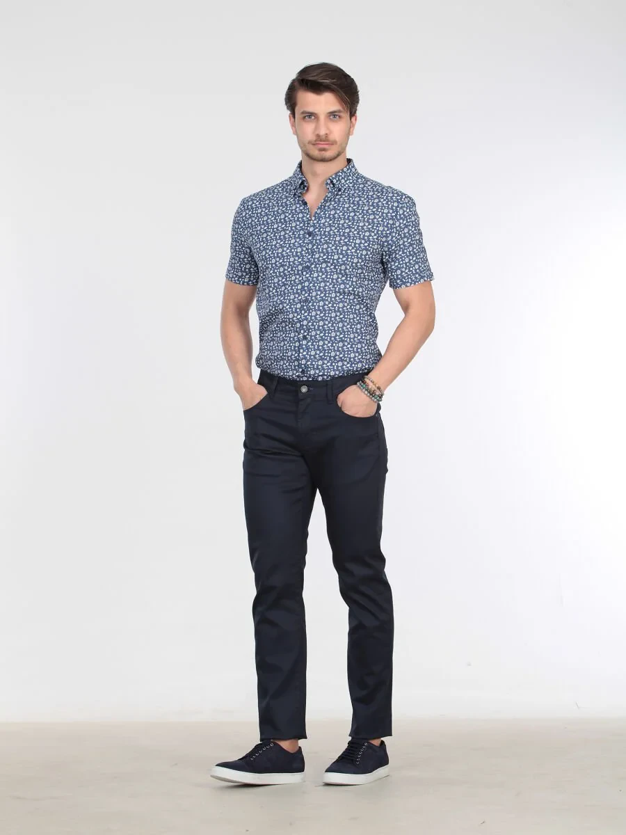 Lacivert Düz Dokuma Casual Pamuk Karışımlı Pantolon - 2