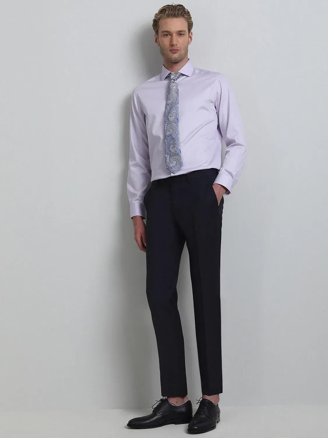 Lacivert Düz Dokuma Fitted Fit Klasik Yün Karışımlı Pantolon - 3