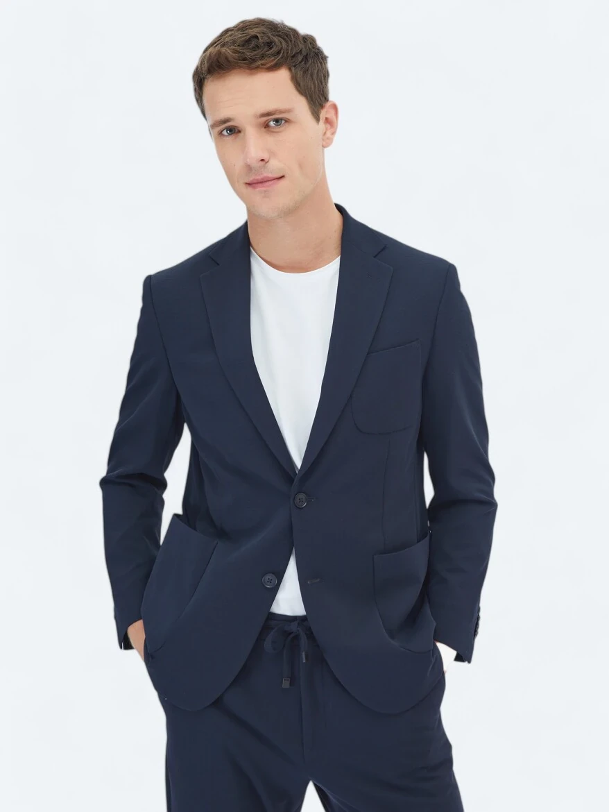 Lacivert Düz Fitted Fit Örme Takım Elbise - 1