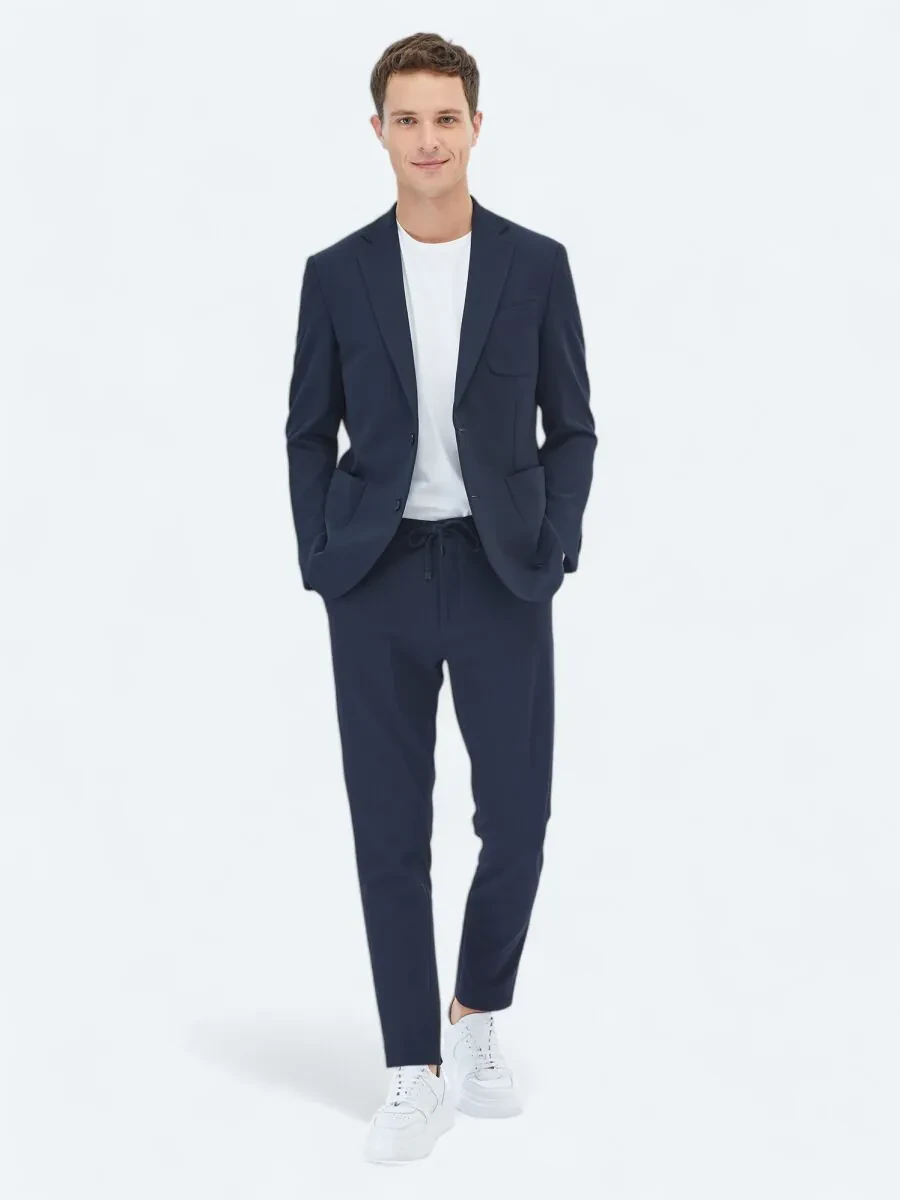 Lacivert Düz Fitted Fit Örme Takım Elbise - 2