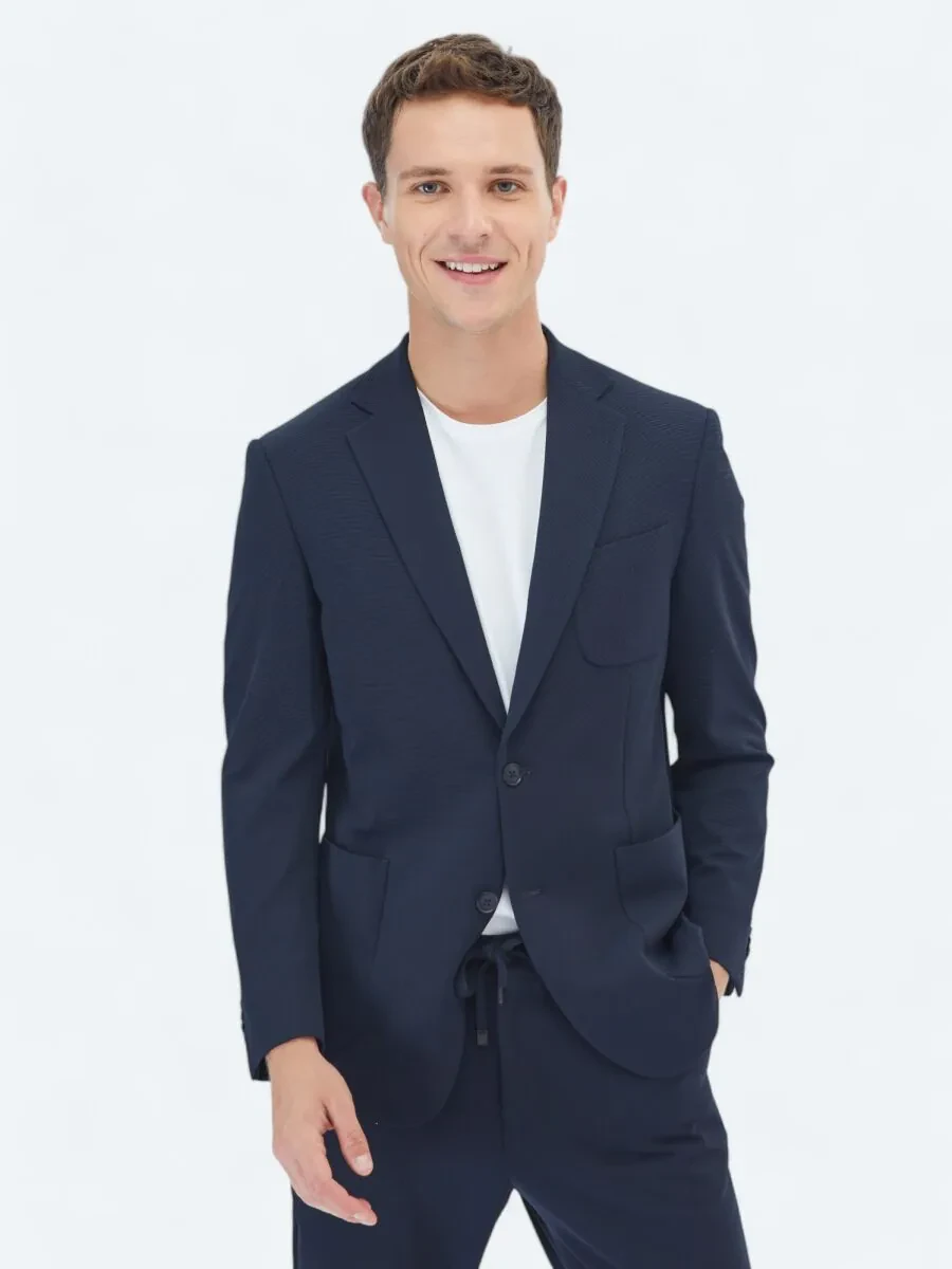 Lacivert Düz Fitted Fit Örme Takım Elbise - 3