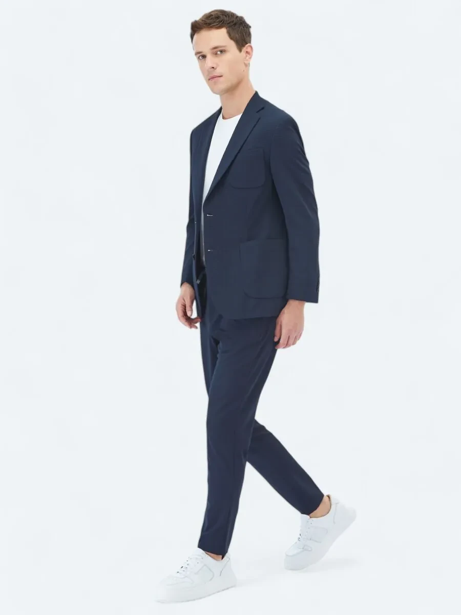 Lacivert Düz Fitted Fit Örme Takım Elbise - 4