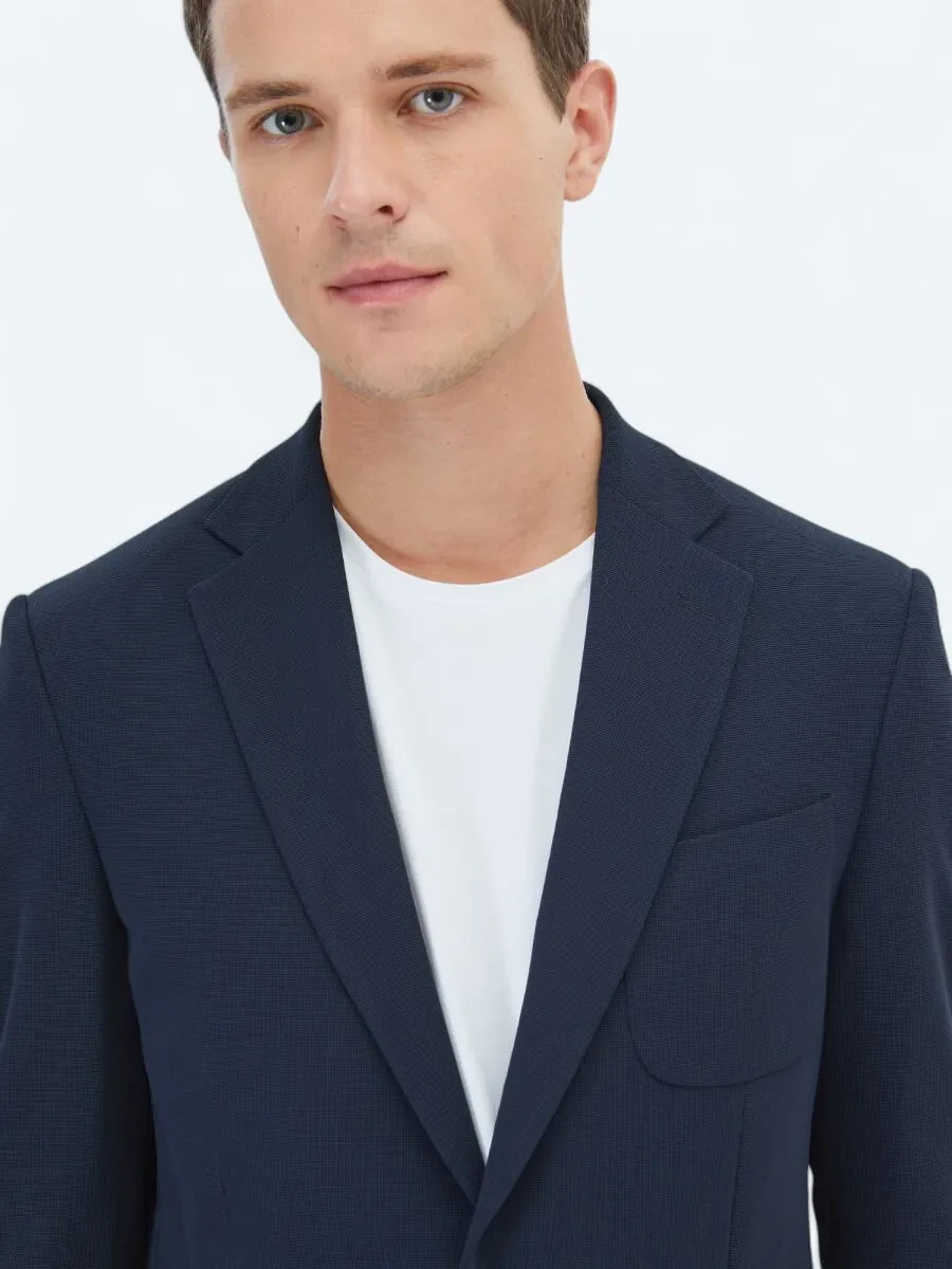 Lacivert Düz Fitted Fit Örme Takım Elbise - 5
