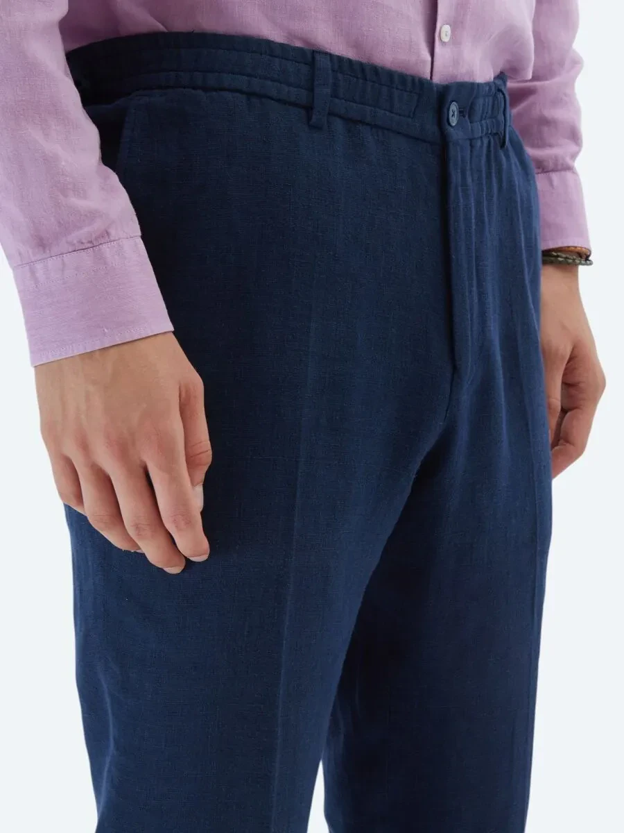 Lacivert Düz Modern Fit %100 Keten Takım Elbise - 6