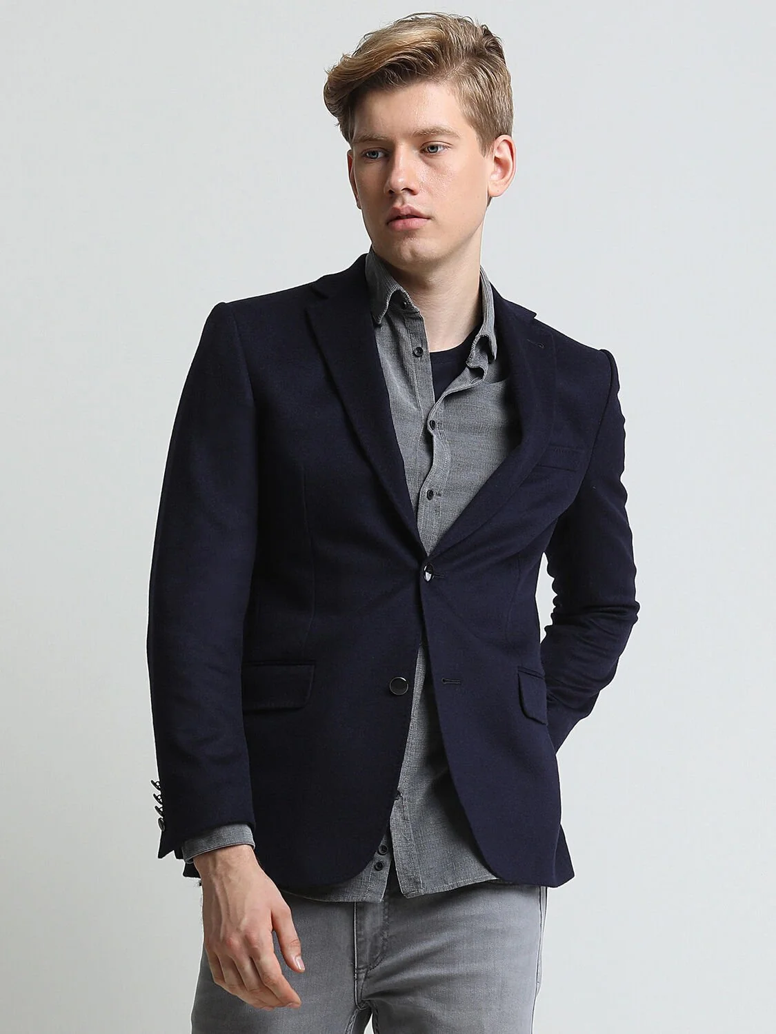 Lacivert Düz Modern Fit Yün Karışımlı Ceket - 2