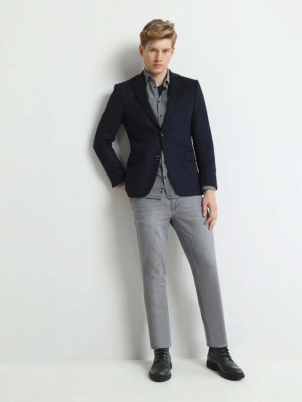 Lacivert Düz Modern Fit Yün Karışımlı Ceket - 4