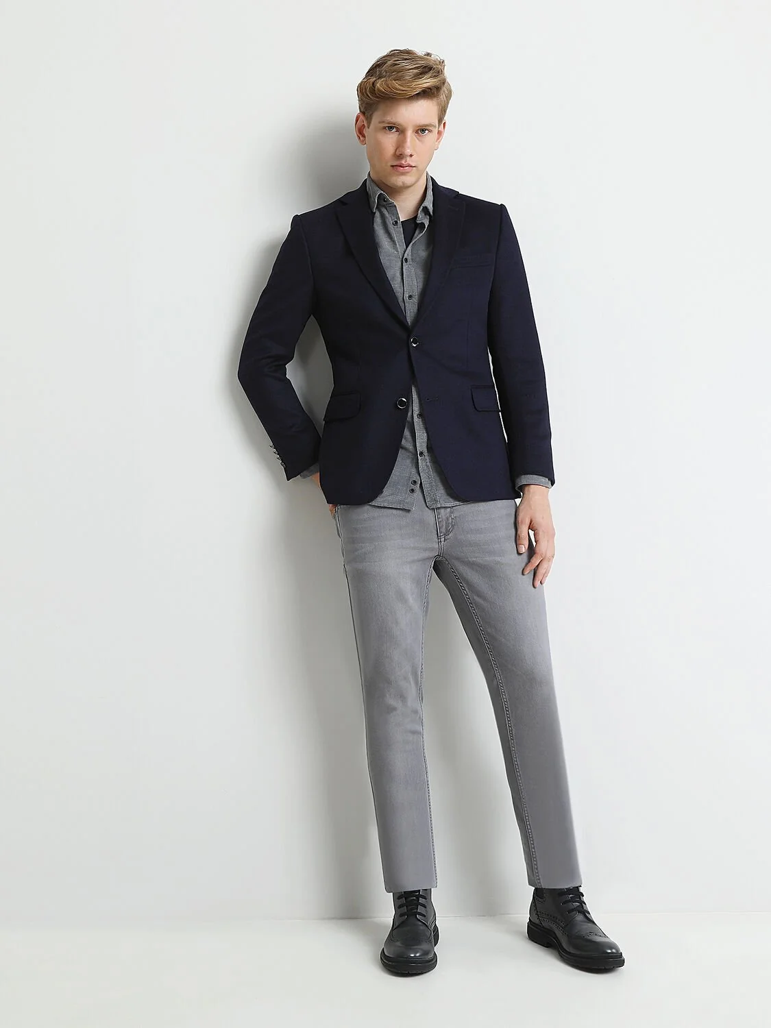 Lacivert Düz Modern Fit Yün Karışımlı Ceket - 4