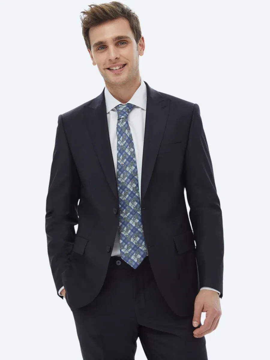Lacivert Düz Modern Fit Yün Karışımlı Takım Elbise - 1