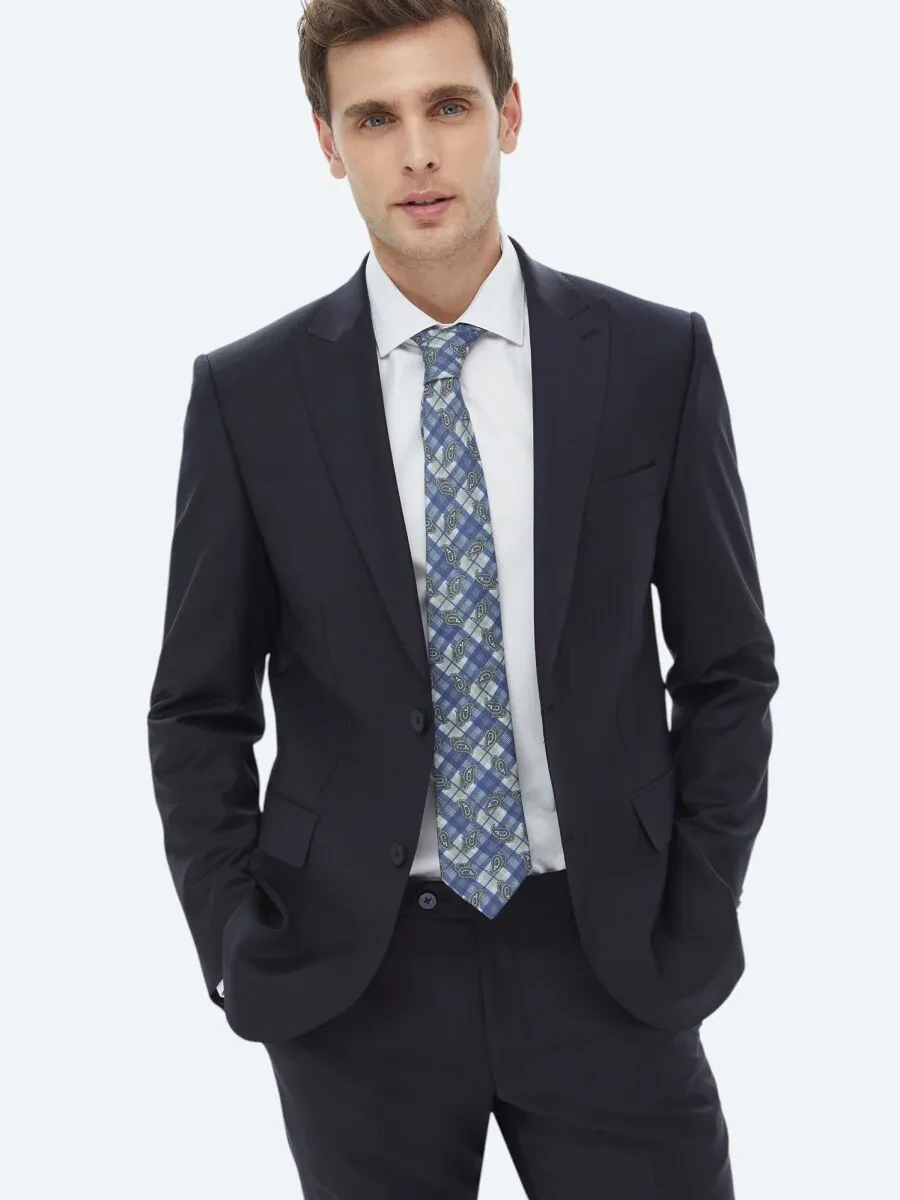 Lacivert Düz Modern Fit Yün Karışımlı Takım Elbise - 3