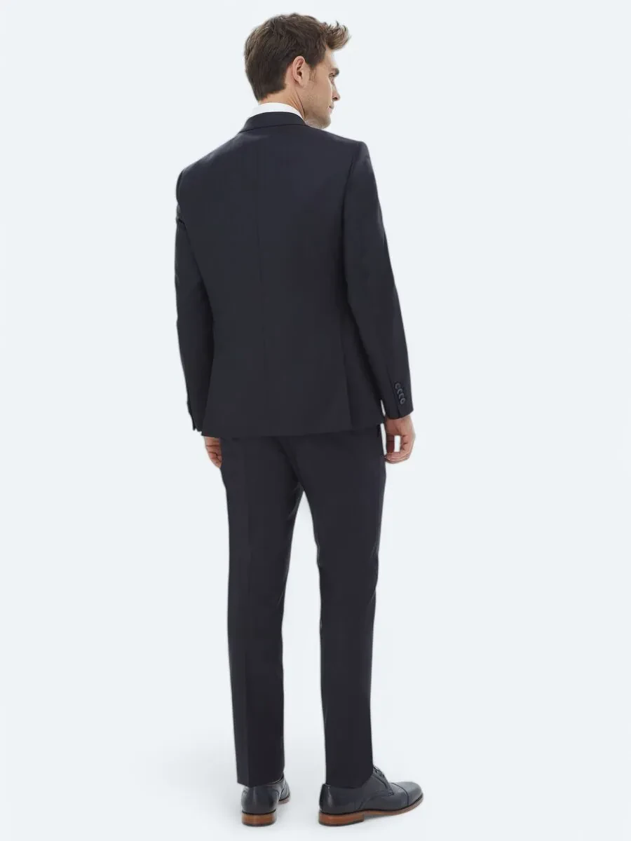 Lacivert Düz Modern Fit Yün Karışımlı Takım Elbise - 8