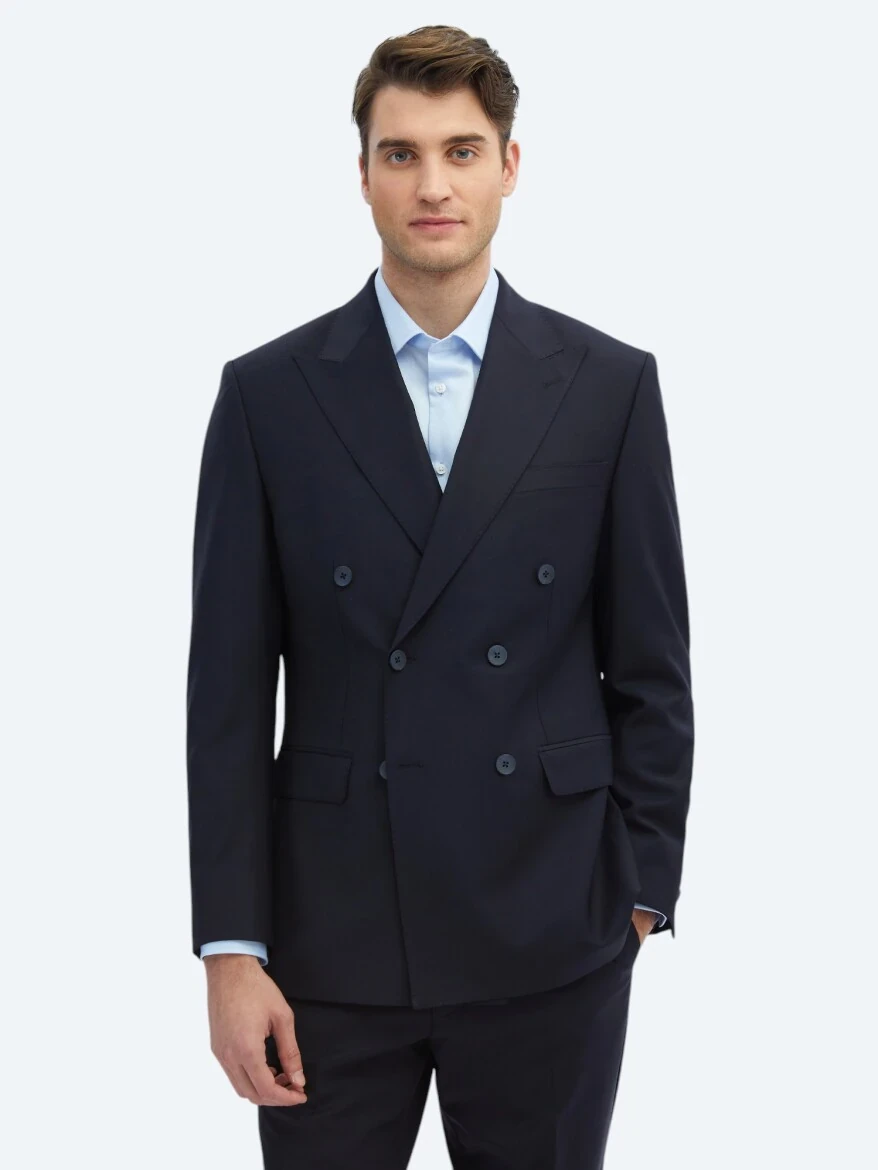 Lacivert Düz Modern Fit Yün Karışımlı Takım Elbise - 2