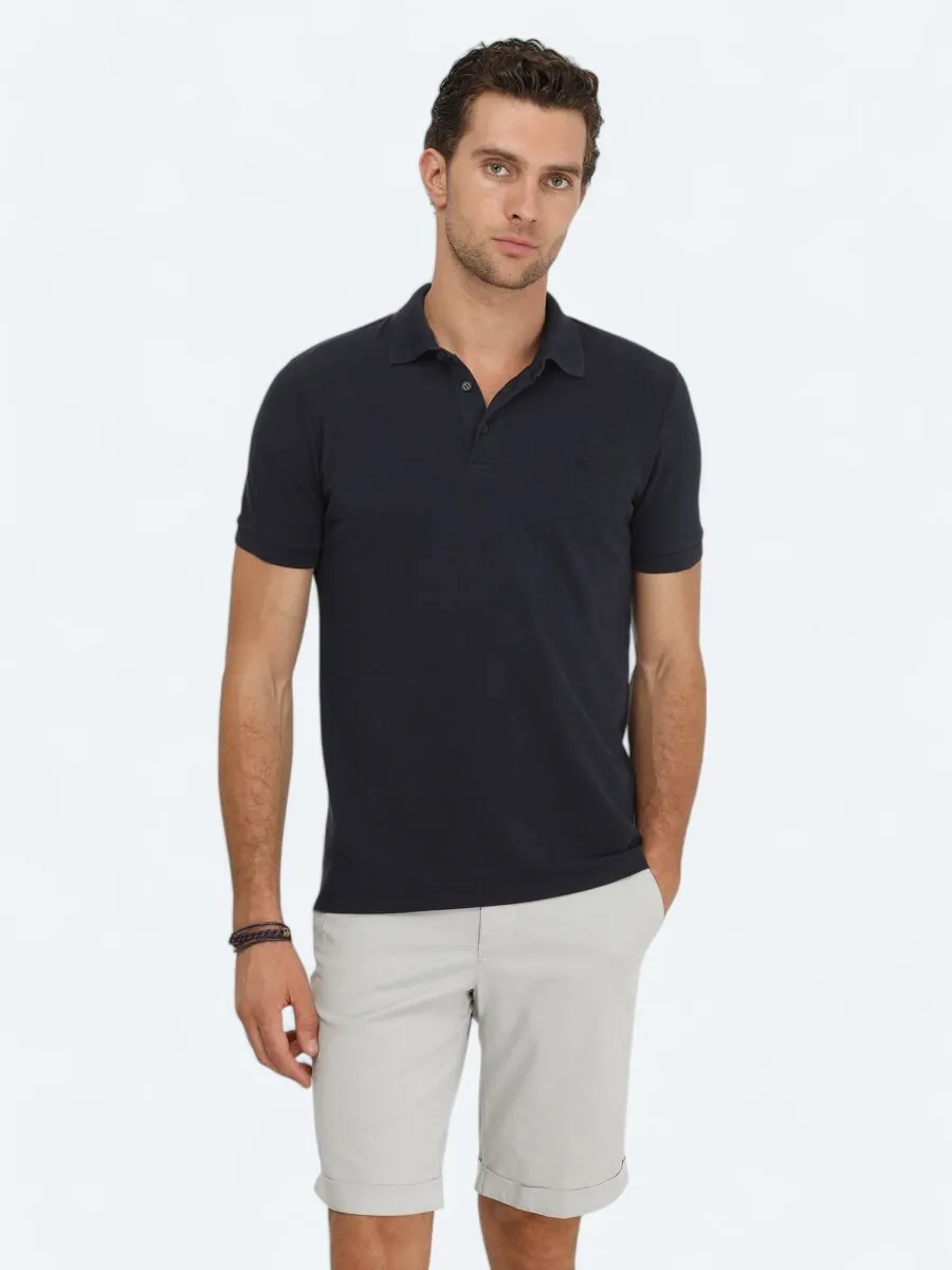 Lacivert Düz Polo Yaka %100 Pamuk T-Shirt - 1