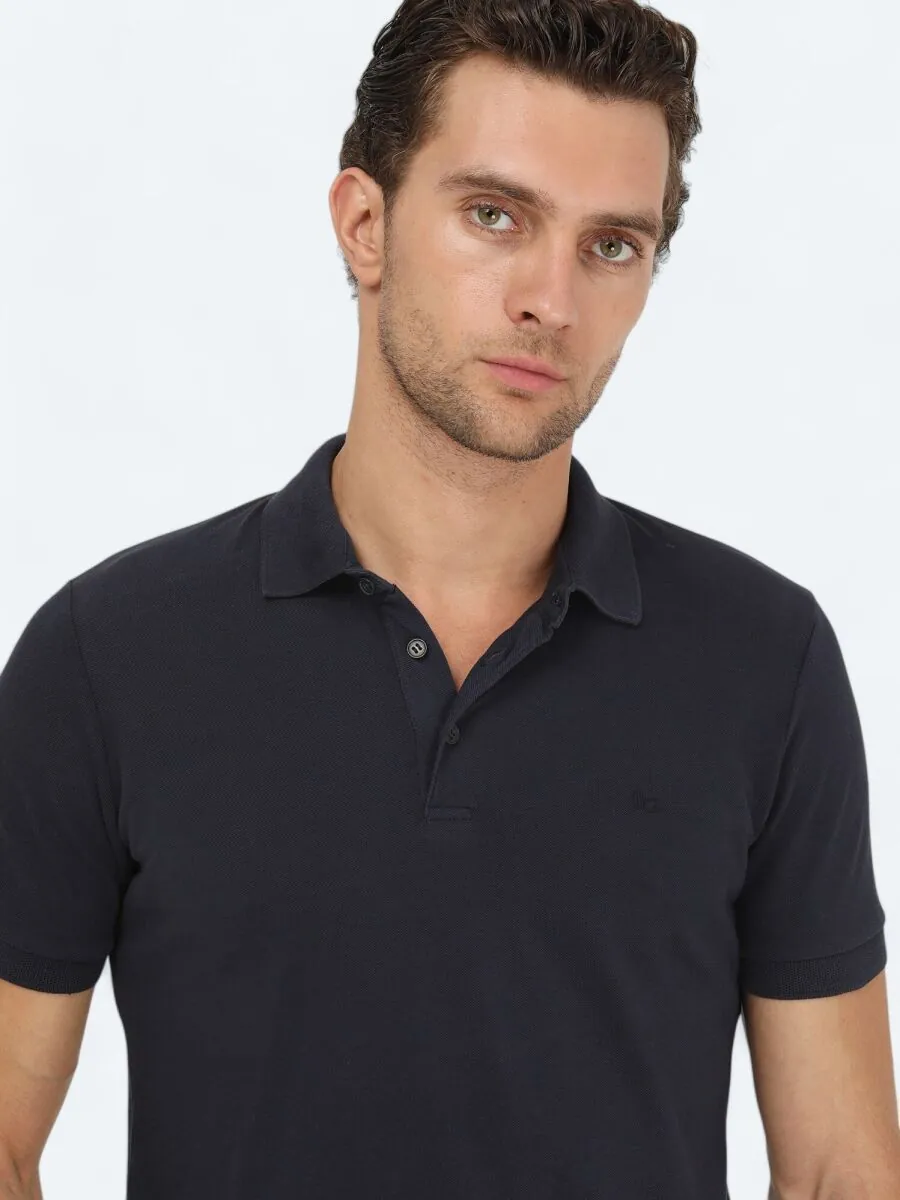 Lacivert Düz Polo Yaka %100 Pamuk T-Shirt - 3
