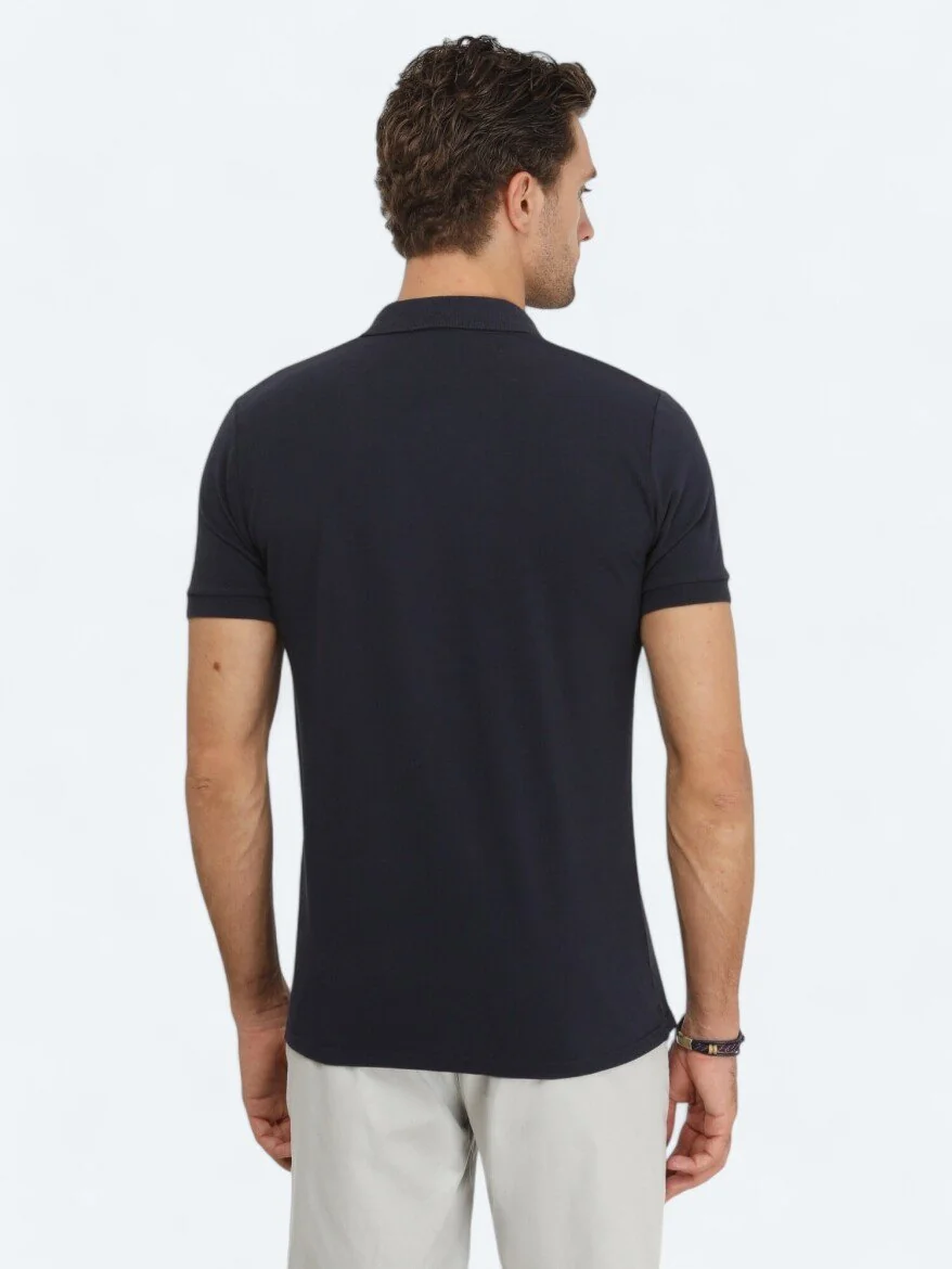 Lacivert Düz Polo Yaka %100 Pamuk T-Shirt - 4
