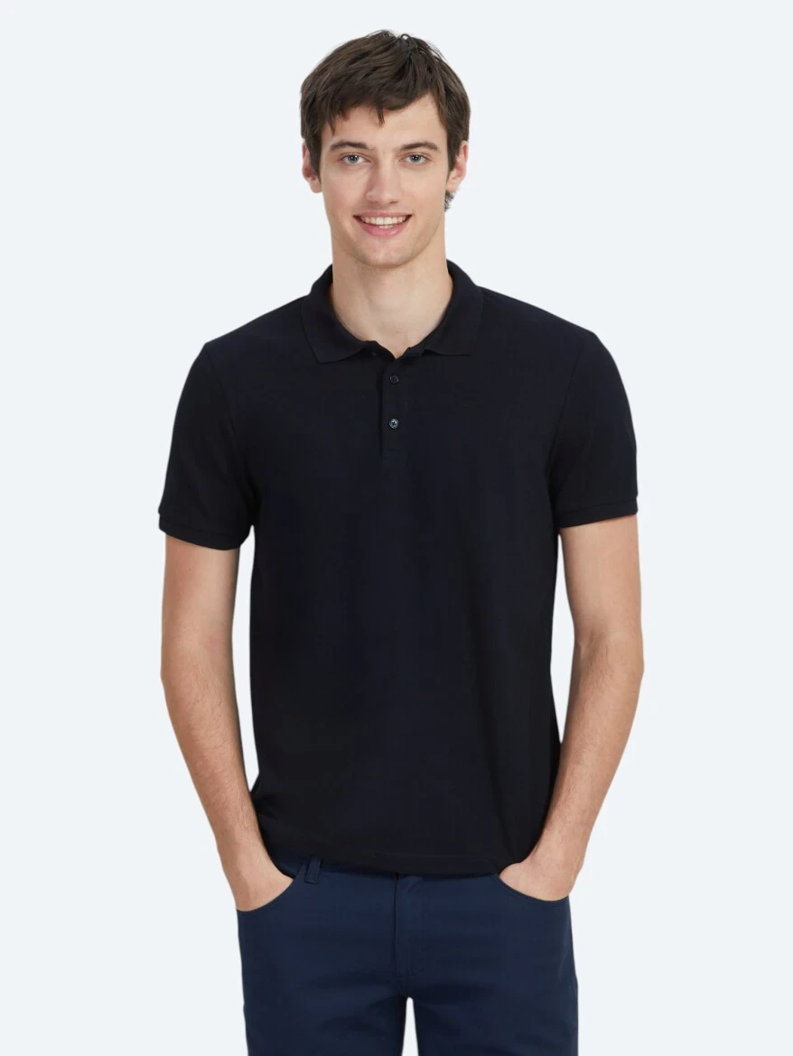 Lacivert Düz Polo Yaka %100 Pamuk T-Shirt - 1