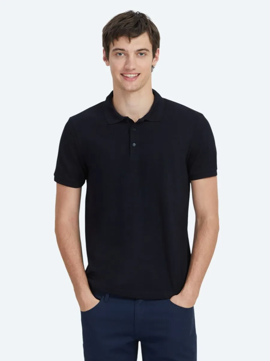 Lacivert Düz Polo Yaka %100 Pamuk T-Shirt - 1